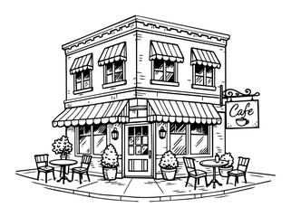Naklejka premium Cafe building on a corner street, featuring awnings, outdoor seating, and a small terrace. Hand drawn line art illustration