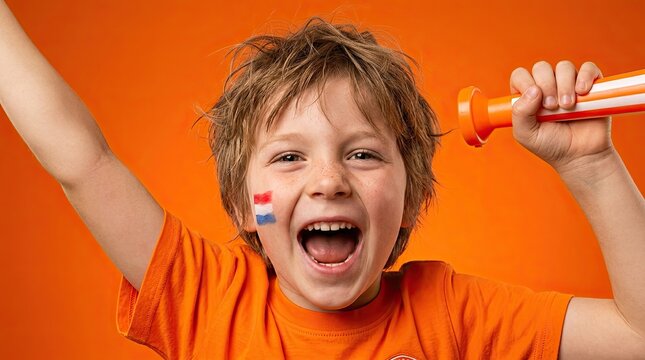 Excited young child with Dutch flag face paint and vuvuzela cheers for sports event
