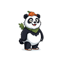 Obraz premium Cute Panda Cartoon Character Wearing Orange Baseball Cap and Green Scarf, Friendly Bear Mascot Vector Illustration Isolated on White Background.