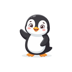 Fototapeta premium Cute Little Penguin Cartoon Character Waving Hand, Friendly Baby Penguin Mascot Vector Illustration Isolated on White Background.
