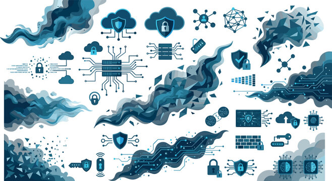 Cyber security data network and cloud protection technology vector element set with abstract digital smoke waves circuit boards and locks