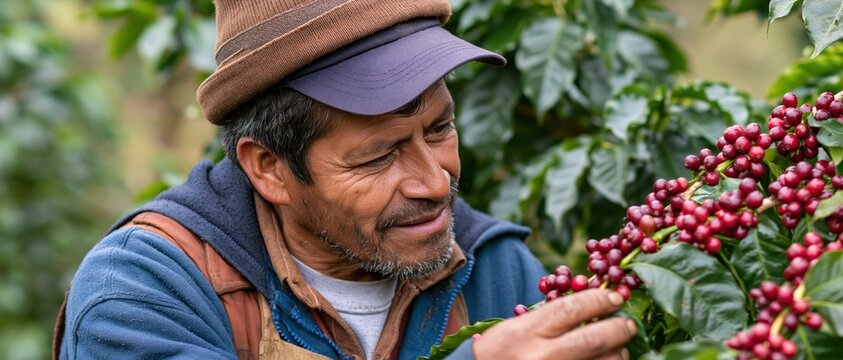 An engaged coffee farmer inspects ripe coffee cherries in a lush plantation, showcasing the importance of sustainable agriculture and dedication to quality crop production.