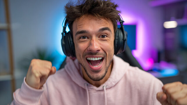 Young man cheering while wearing headphones in gaming setup