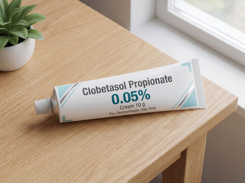 Tube of Clobetasol Propionate corticosteroid cream on a medical table