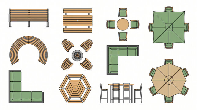 Architectural Outdoor Furniture CAD Block Sheet Top View Seating Symbols Colored Vector Set