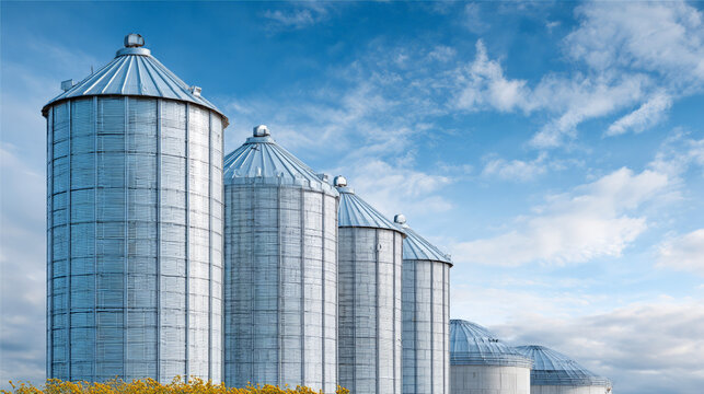 Metal grain silos standing tall in rural agricultural landscape