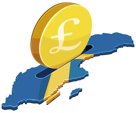 Vector artwork symbolizing British foreign investment, trade agreements, financial partnerships, and pound sterling currency exchange inside the map of Sweden, (cut out)