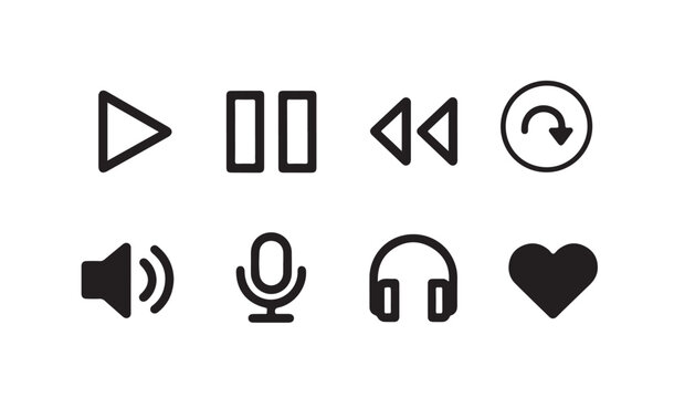 Media playback control icons play pause rewind fast forward repeat and sound volume icons.