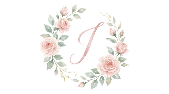 Watercolor floral letter J monogram, elegant pink rose wreath with green leaves, romantic botanical alphabet illustration for wedding invitations