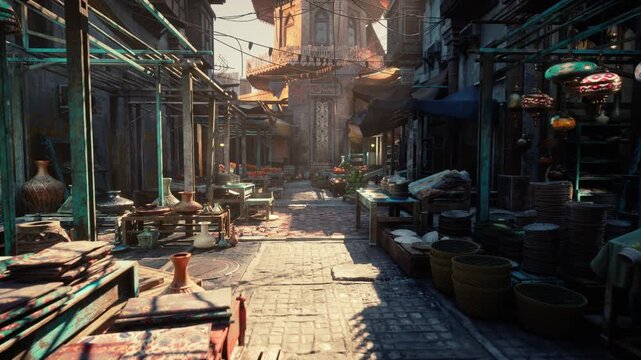 sunlit empty market alley with stalls, baskets and cobblestone street warm golden light casting long shadows, rustic shopfronts, woven pottery and crates,
