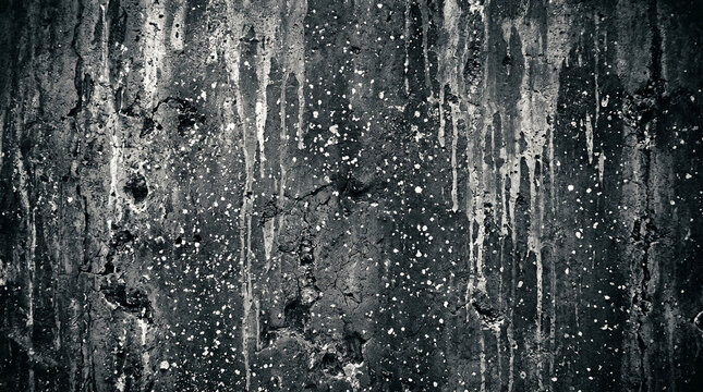 A dark gray and black textured background with white splatters and drips on a rough surface