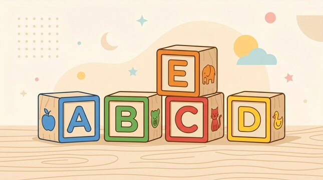 projects/369998232293 child alphabet wooden blocks ABCDE concept illustration on pastel background