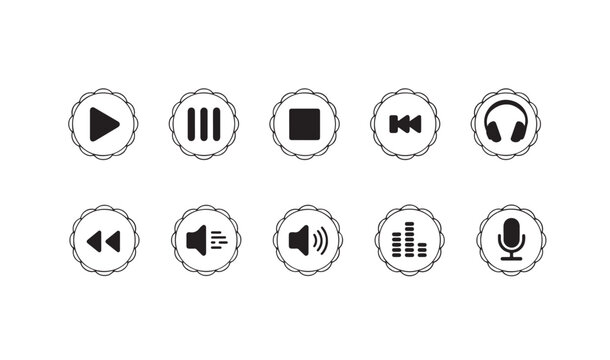 Audio player interface control buttons set with circular ornate decorative frame styles.