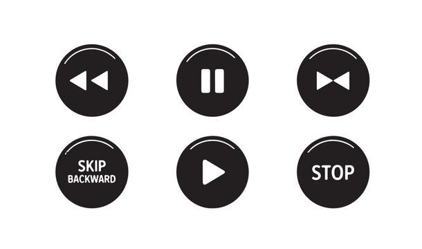 Set of circular audio navigation buttons for music player applications and web interfaces.