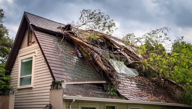 tree falls on a house roof during storm concept damaged house after a storm with fallen branches and debris