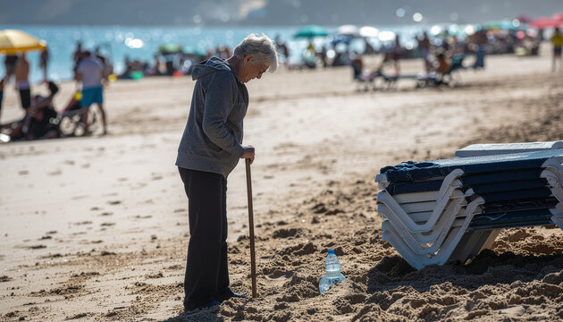 Elderly woman looking down, feeling dejected on a crowded sun-drenched beach during vacation. Summer day.