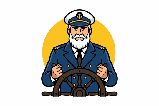 Ship Captain Steering Wooden Helm with White Beard
