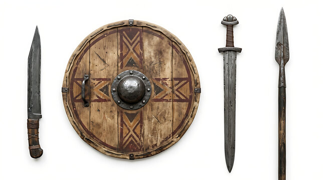 Set of Ancient Medieval Weapons and a Round Wooden Shield Isolated on White