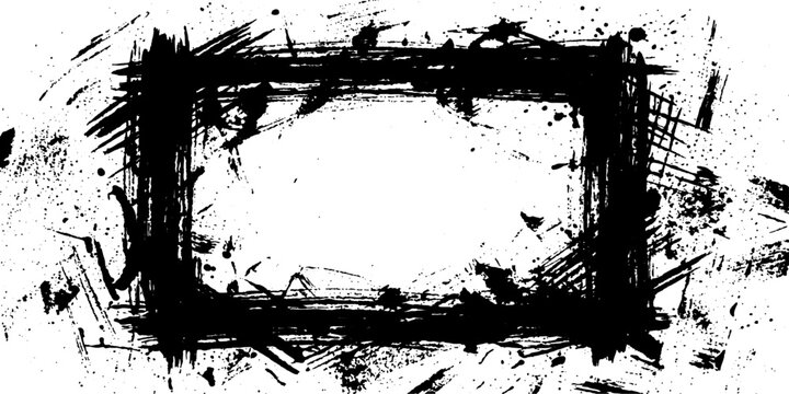 A gritty, distressed black grunge frame with a rough texture and splattered paint effect, ideal for a bold and artistic design element.