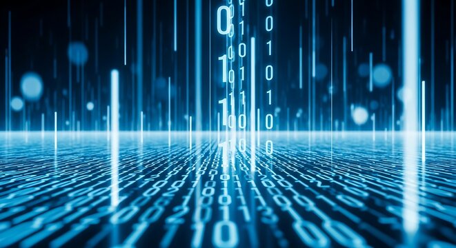 Abstract digital representation of a data stream with binary code, illuminated in blue