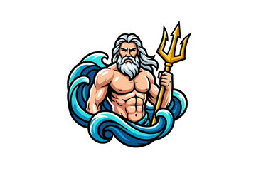Poseidon Sea God Mascot with Golden Trident and Ocean Waves © tere