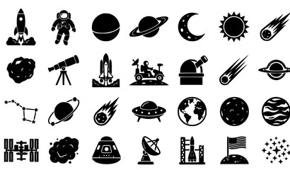 Space exploration icons set rockets planets astronauts and celestial bodies © Shamim