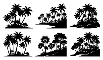 Tropical island palm tree silhouettes collection vector illustration © Shamim