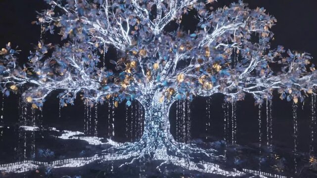 Glowing digital tree trunk with data circuits and binary roots