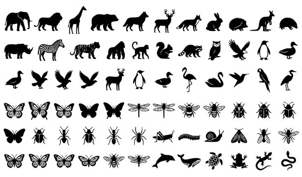 Animal silhouettes collection diverse wildlife and insect vector graphics