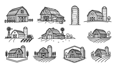 Farm building collection barns silos and windmills hand drawn style © Shamim