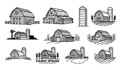 Farm buildings collection barns silos and agricultural structures sketch © Shamim