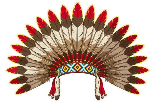 Native American War Bonnet with Feathers and Beaded Headband