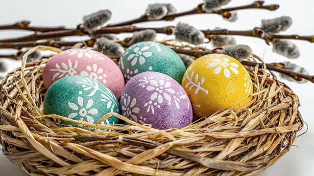 Delicately woven bird nest holding pastel Easter eggs with white floral patterns among pussy willow branches
