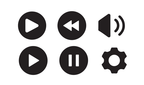 Simple black icons for play pause rewind volume and settings within circles isolated.