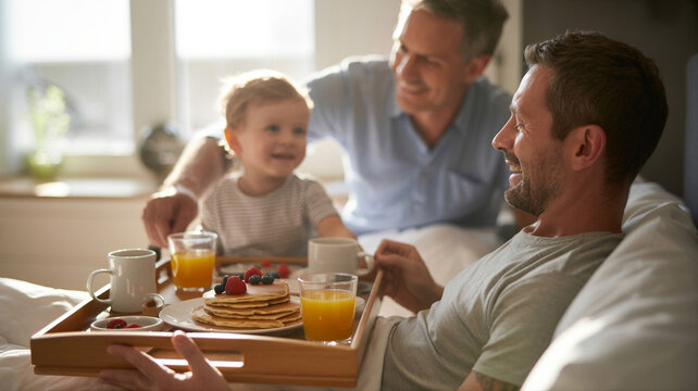 AI-generated Father&rsquo;s Day breakfast in bed with fictional family sharing morning meal, dad and child celebrating love and togetherness at home