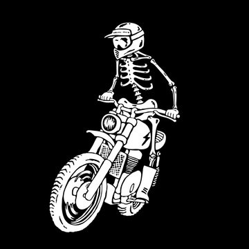 Skeleton riding a scrambler motorcycle vector, retro vintage biker skull on off-road motorbike, editable black background ai