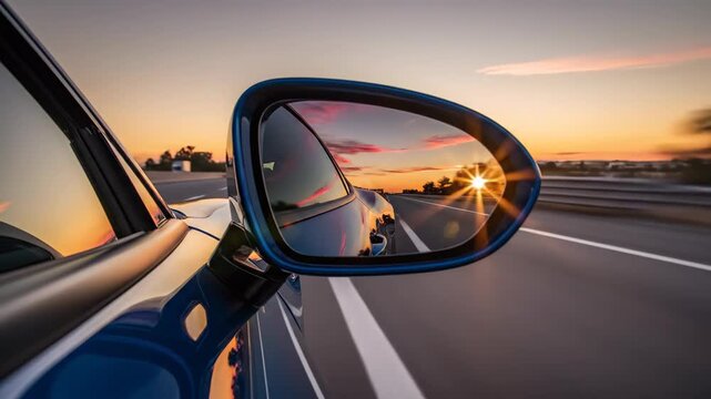 blue vehicle side mirror reflecting bright sunburst during highway sunset. fast motion blur on asphalt road. evening trip adventure. automotive background, travel