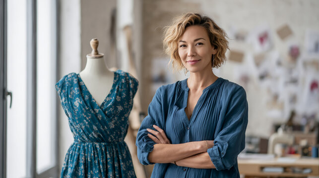 Female fashion designer standing by dress form in studio