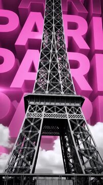 Eiffel Tower Overlaid Against Repeating Paris Text in Vibrant Pink Backdrop