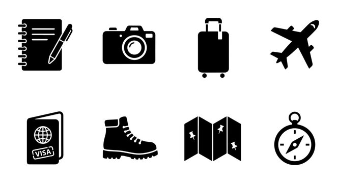 8 Travel Icons Set Silhouette, for Vacation Planning and Adventure