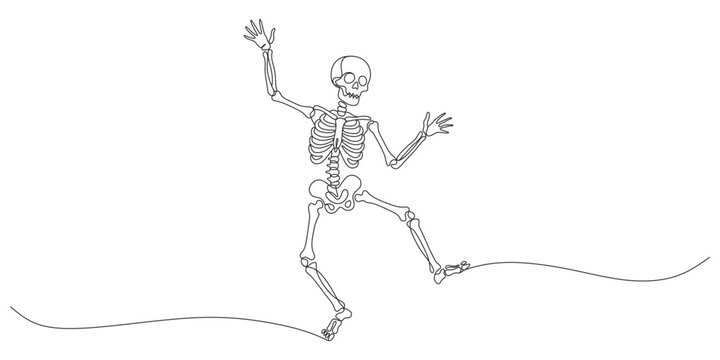 Continuous line drawing of a dancing skeleton