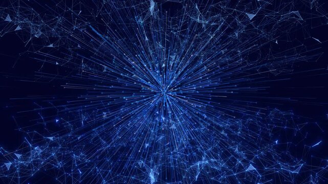 Abstract Digital Network Burst With Glowing Blue Light Particles Radiating From A Central Point Into A Dark Deep Space Background Creating A Futuristic Technology Concept Visualization For Data