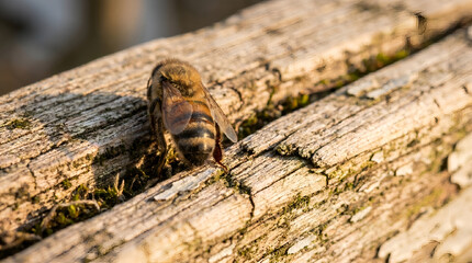 Obraz premium Macro close up of a honey bee resting on a weathered wooden log in warm sunlight