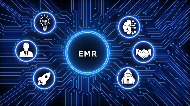 A glowing neon EMR concept surrounded by smaller icons for ai and manufacturing process management all connected in a digital circuit like pattern.circuit lines and digital symbols. 4k