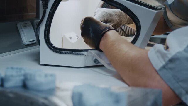 Dental technician using a sandblasting machine to process artificial jaws in a modern laboratory