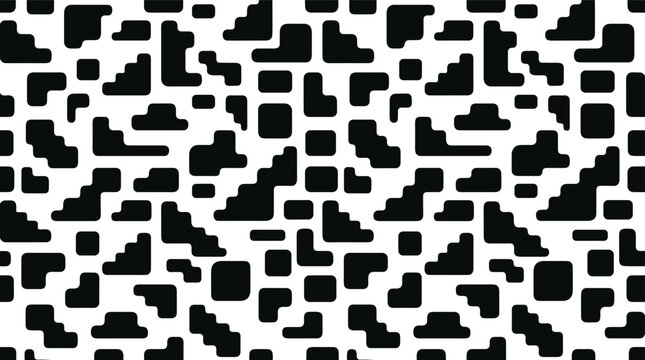 Abstract geometric seamless pattern with black rounded rectangular shapes and staircase steps on a white background