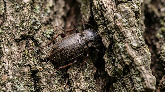 Detailed macro photograph of a dark brown beetle crawling on textured tree bark with moss