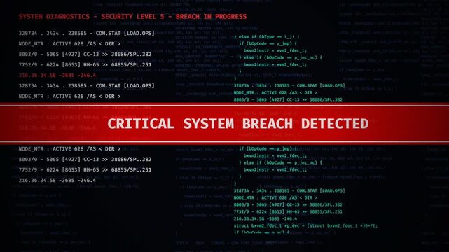 Critical System Breach Detected Alert and Error Message Screen 4k video animation seamless loop