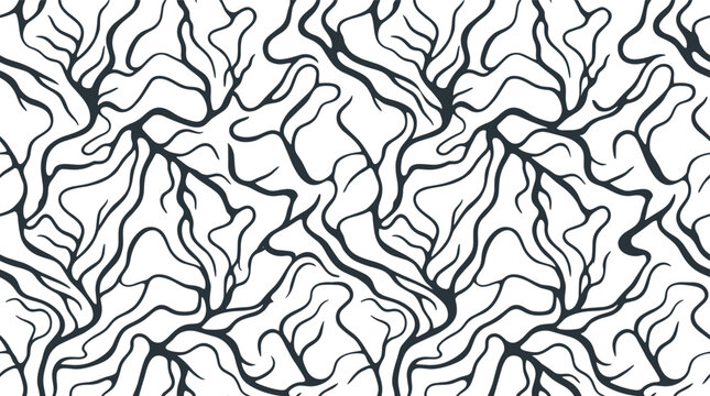 Minimalist seamless pattern featuring thin black wavy lines intersecting on a white background, creating an organic, network structure