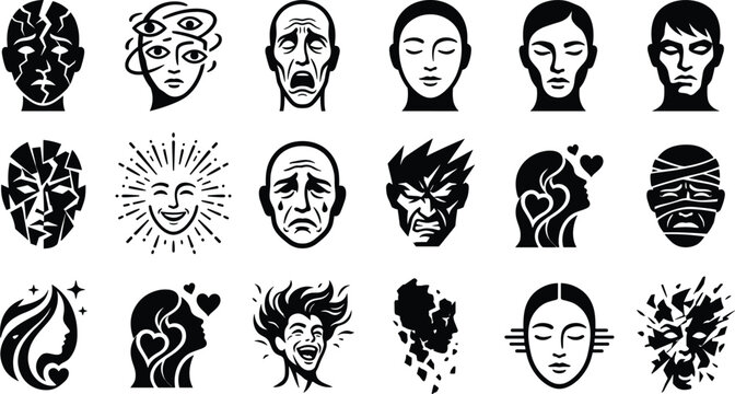 Collection of fifteen stylized human face representing various emotions and states of mind in black and white silhouette style on a white background